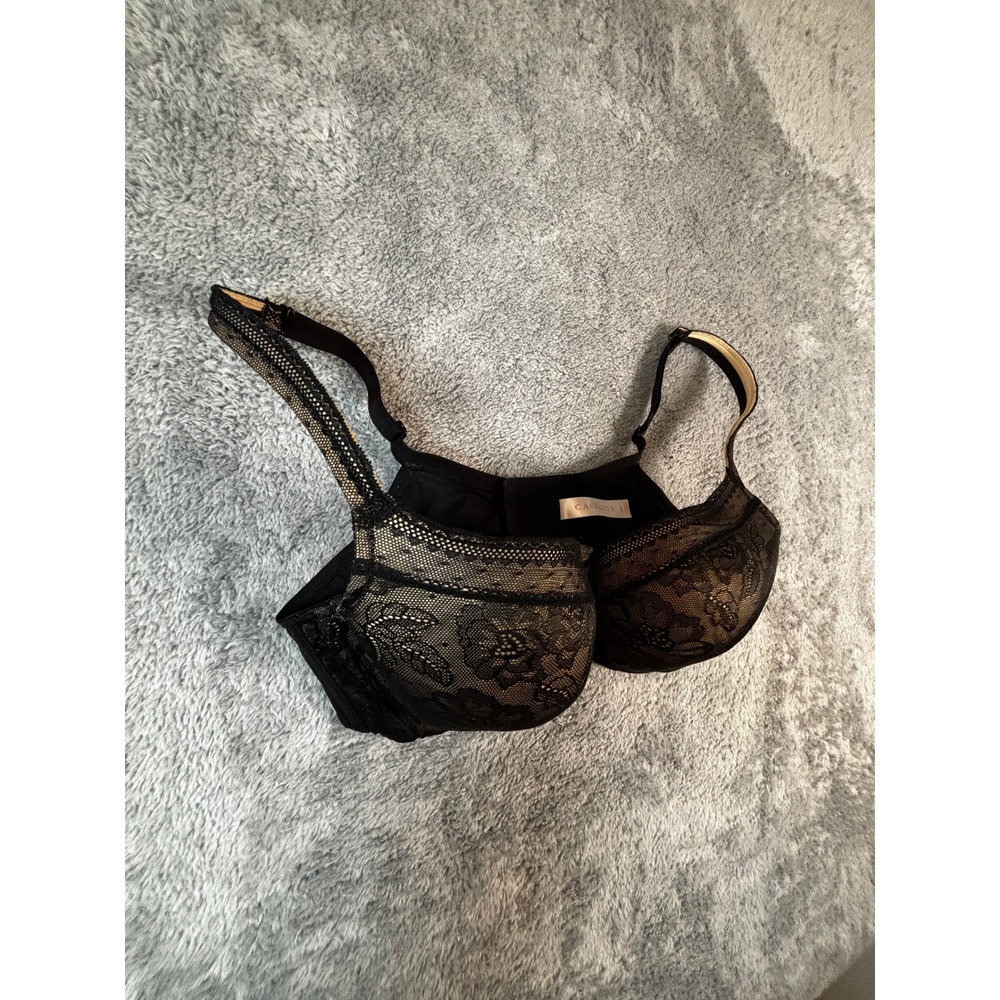 Cacique Black Lace Balconette Bra 40D Floral Underwire Nude Lining Bow Detail